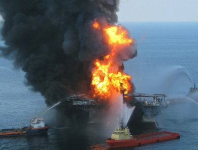 Platform supply vessels battle the blazing remnants of the off shore oil rig Deepwater Horizon photo by US Coast Guard