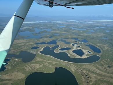 aerial view of wetlands and snow on the landscape