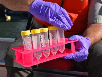 Biologists prepare tubes for water samples during an eDNA sampling event.