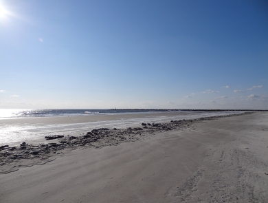 Sunshine reflecting off the water along the grey sandy beach.
