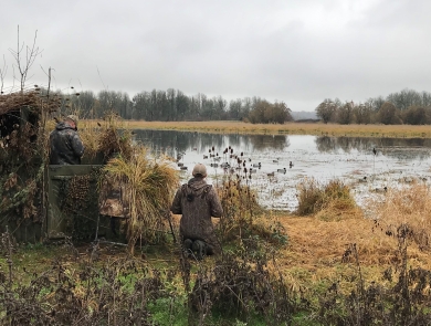 Two duck hunters next to a blind, with water in the distance, at Ridgefield National Wildlife Refuge