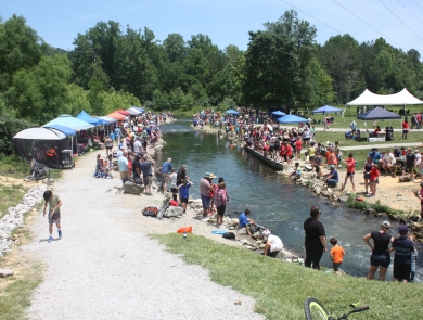 crowd of people fishing at a creek