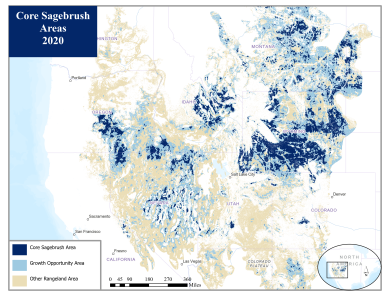 sagebrush habitat in the western US, identified as "core sagebrush areas," "growth opportunity areas," and "other rangeland areas"