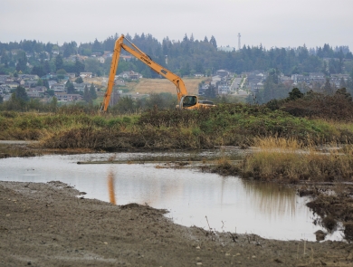 Yellow excavator near a slough with distant houses