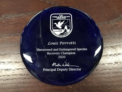 Round blue glass award featuring a U.S. Fish and Wildlife Service logo. Text reads: Louis Perrotti Threatened and Endangered Species Champion 2020 and is signed by Principal Deputy Director Martha Williams