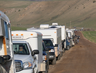 A long line of vehicles forms at National Elk Refuge on opening day of the shed antler hunt season.