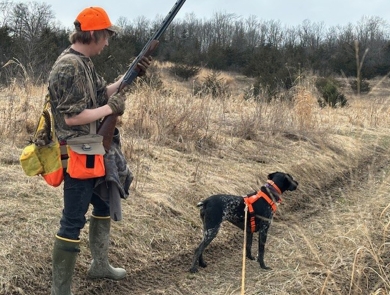 Hunter and dog during a pheasant hunt in Vermont 
