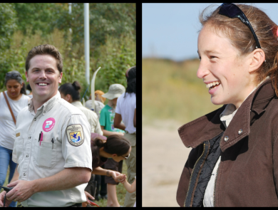 Man and woman smiling.