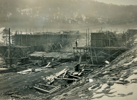 Construction of the Diversion Channel spillway outlet at Leavenworth NFH in 1939.