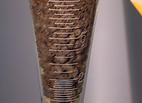 Fecal material was collected from the experiment tanks and tested to determine friability of the material. If the solids held together well, there were more larger, pieces. The larger the pieces the less leaching of phosphorous occurs. The solids as a percentage of the whole sample can be measured in the Imhoff cone.