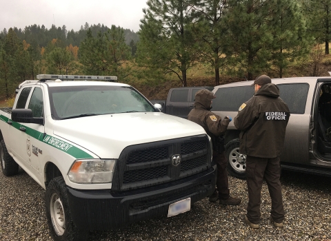 FWS Patrol Captain Kelly Knutson, a Federal Wildlife Officer, and a U.S. Forest Service agent stand next to patrol vehicles (one white truck and the other is tan) with there backs showing.