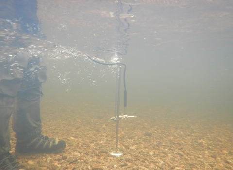 boots under water with a measurement tool