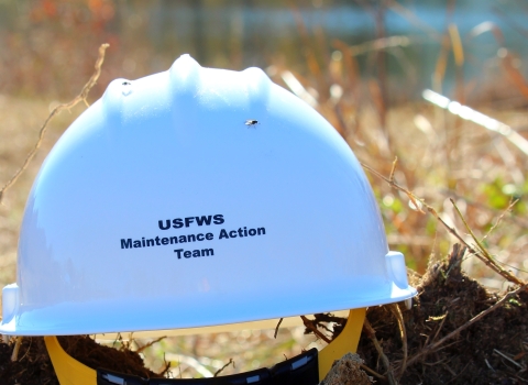 A hard hat worn by a USFWS Maintenance Action Team member during a construction project at Occoquan National Wildlife Refuge.