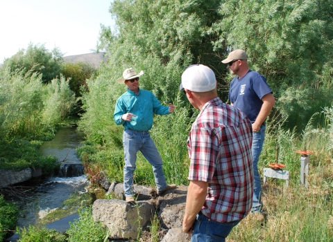 Three me stand near an irrigation gate and a small stream. They are engaged in conversation. 