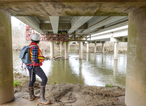 Person standing on a river bank beneath a bridge watching a crew working on a catwalk
