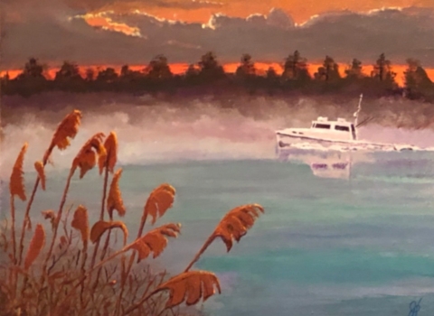 Image of boat on the water with grasses and trees