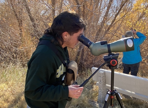 Man looking through scope to find birds