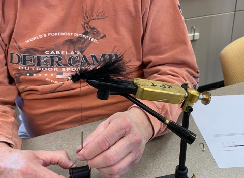 Black fly in a fly-tying vice