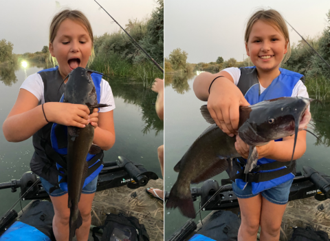 Two side by side photos of a girl wearing a blue life vest, smiling and holding a fish. In one photo, she appears to be about to eat or kiss the fish. She stands in a raft in water.