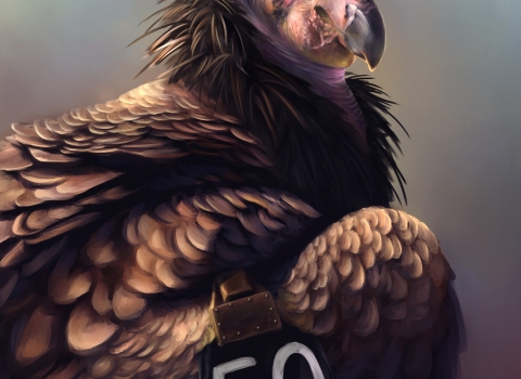 Painting of a California condor wearing tag number 50