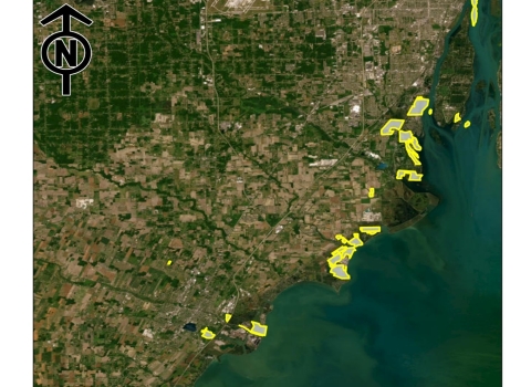 Aerial view of Detroit River International Wildlife Refuge boundaries