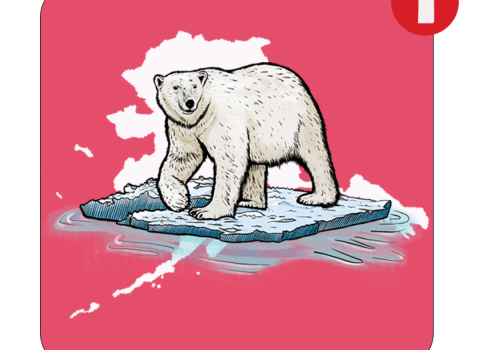 A polar bear drawing overlaid on the state of Alaska. 