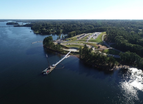 Aerial View of a boat dock and parking lot