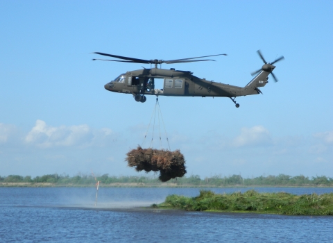 A helicopter drops a tree into a body of water