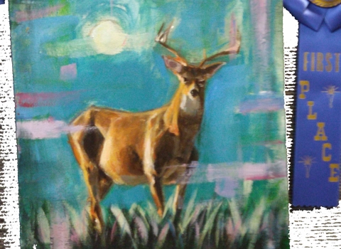 Painting of a buck standing in meadow