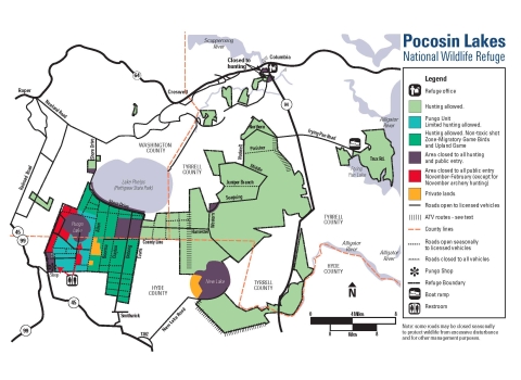 A complex map showing Pocosin Lakes National Wildlife Refuge roads, open and closed areas, and hunting access. For accessibility, please call 252-796-3004.