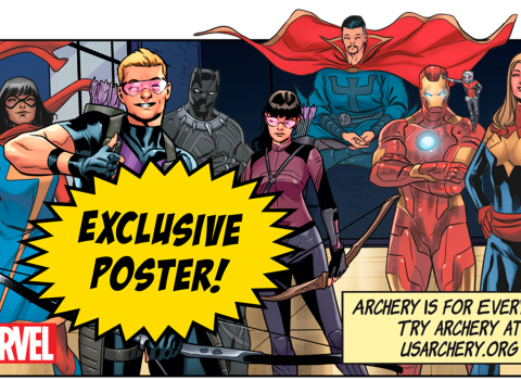 Hawkeye and other Marvel superheroes in comic strip style poster promoting the Archery is for Everyone! campaign. 