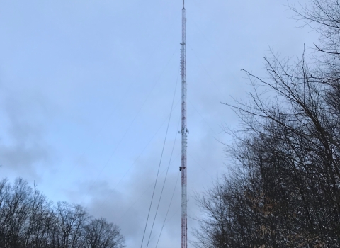 a communication tower near trees