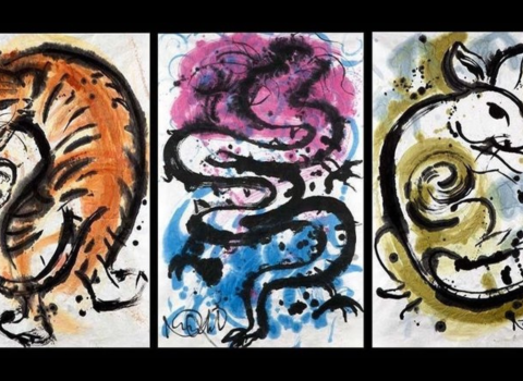 Three watercolored paintings of a tiger, dragon and rabbit