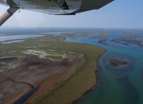 An aerial photo of wetlands and coastline near the Beaufort Sea