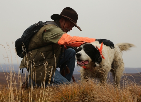 A hunter wearing blaze orange sleeved shirt and hat kneels down touching a hunting dog on a grassy hill top with out of focus hills in the background. 
