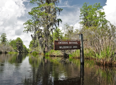 A sign on an Okefenokee swamp water trail reads Entering National Wilderness Area