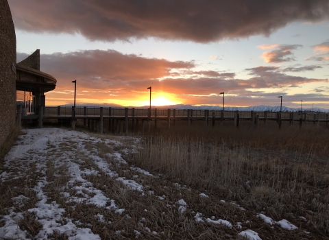 Sunset at the Bear River Migratory Bird Refuge Visitor Center in Winter