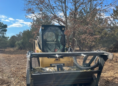 Skid Steer with masticator attachment sits on masticated brush.