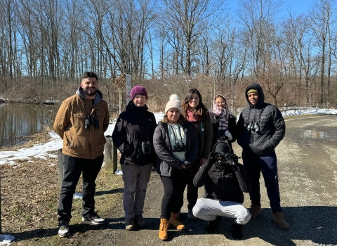 Krystal San Lucas (3rd from Left) and other members of Groundwork Elizabeth post for a group photo at the 2024 Great Backyard Bird Count at Great Swamp National Wildlife Refuge
