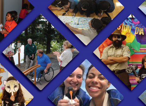 Collage of images depicting diverse FWS employees engaging youth, the public, and research