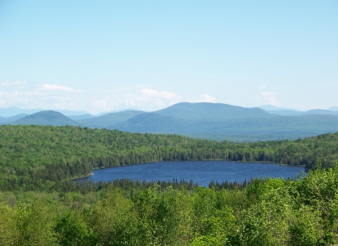 A pond between northern forests with rolling mountains behind it