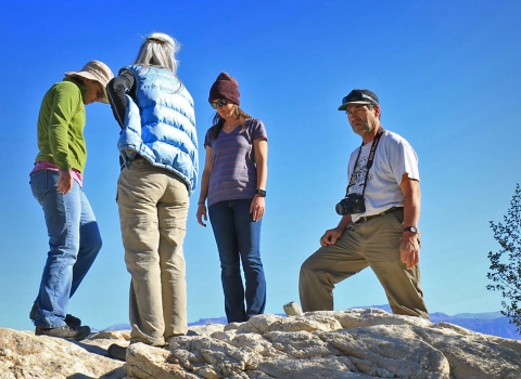 Four adults stand on rock overlooking valley