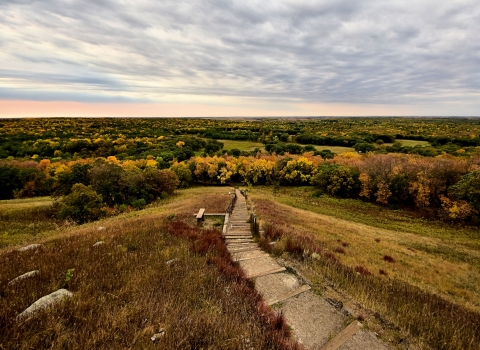 A scenic view from the top of White Horse Hill overlooking woodlands and prairie