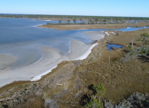 An eastward view of St. Andrews Bay and the Fort Morgan Peninsula in coastal Alabama.