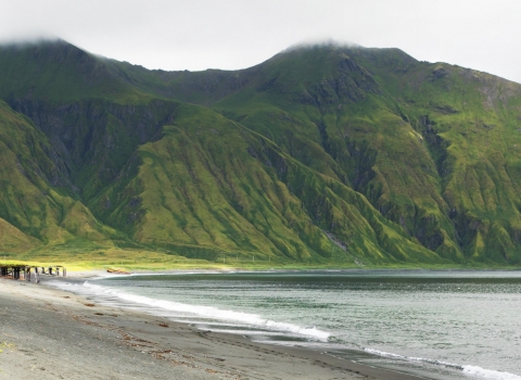 View of green mountains crowned by mist with beach, grass, and ocean shoreline in the distance.