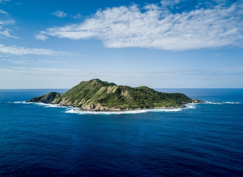 A mountainous island covered in green vegetation emerges from bright blue water