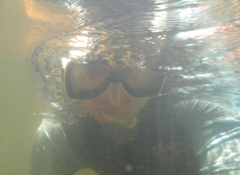 Underwater view of a snorkeler's face