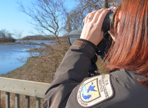 A woman in a U.S. Fish and Wildlife Service uniform using binoculars to look out over water