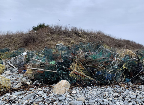 colorful wire boxes litter the rocky shore