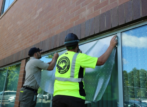 two men install bird-friendly materials onto a glass window of a building